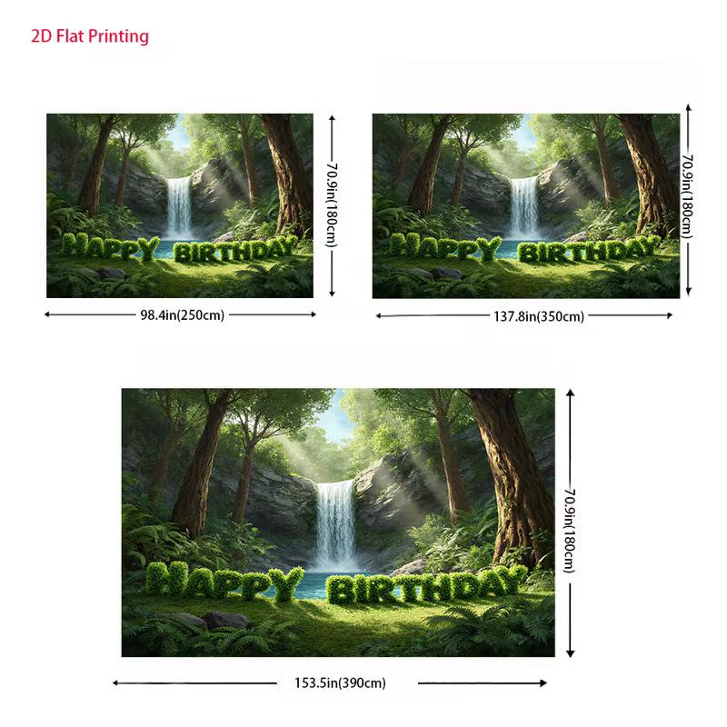2D Forest Waterfall Happy Birthday Backdrop Jungle Greenery Party Photography Background Banner