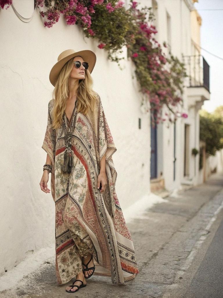 European and American new bohemian women's clothing seaside vacation printing loose kaftan robe dress