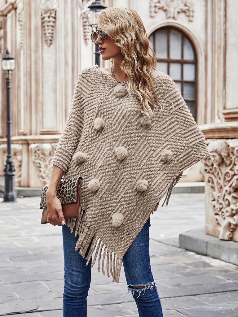 Causal Fashion Women Knitted Batwing Cape Tassels Poncho Cloak Ladies Fur Ball Sweater Outwear 5 Colors