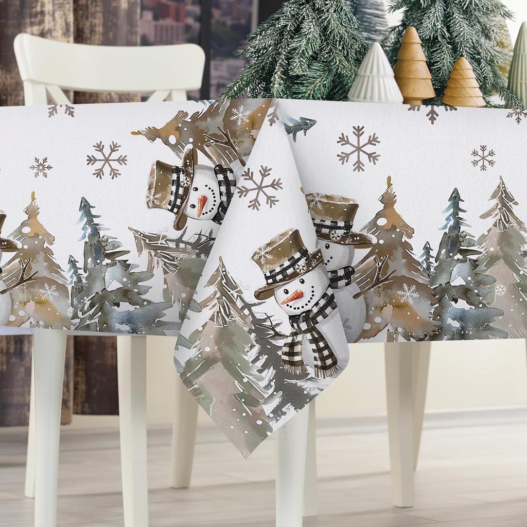 Christmas Snowman Pine Tree Snowflake Waterproof Tablecloth Table Decor Reusable Kitchen Dining Tablecloth Christmas Decorations
