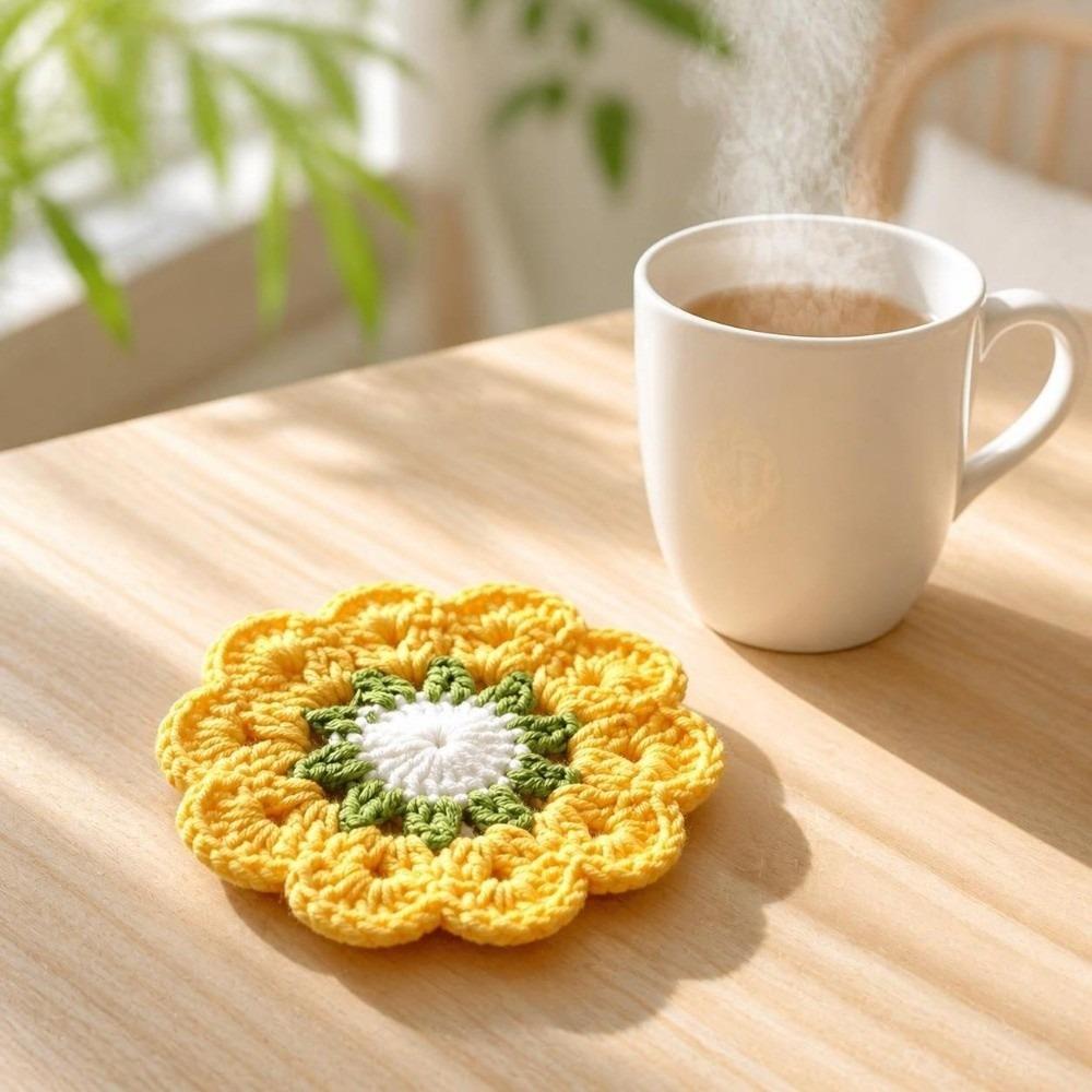 Knitted Crochet Flower Coasters Handmade Placemats Gift Trivet Mats Tea Cup Use