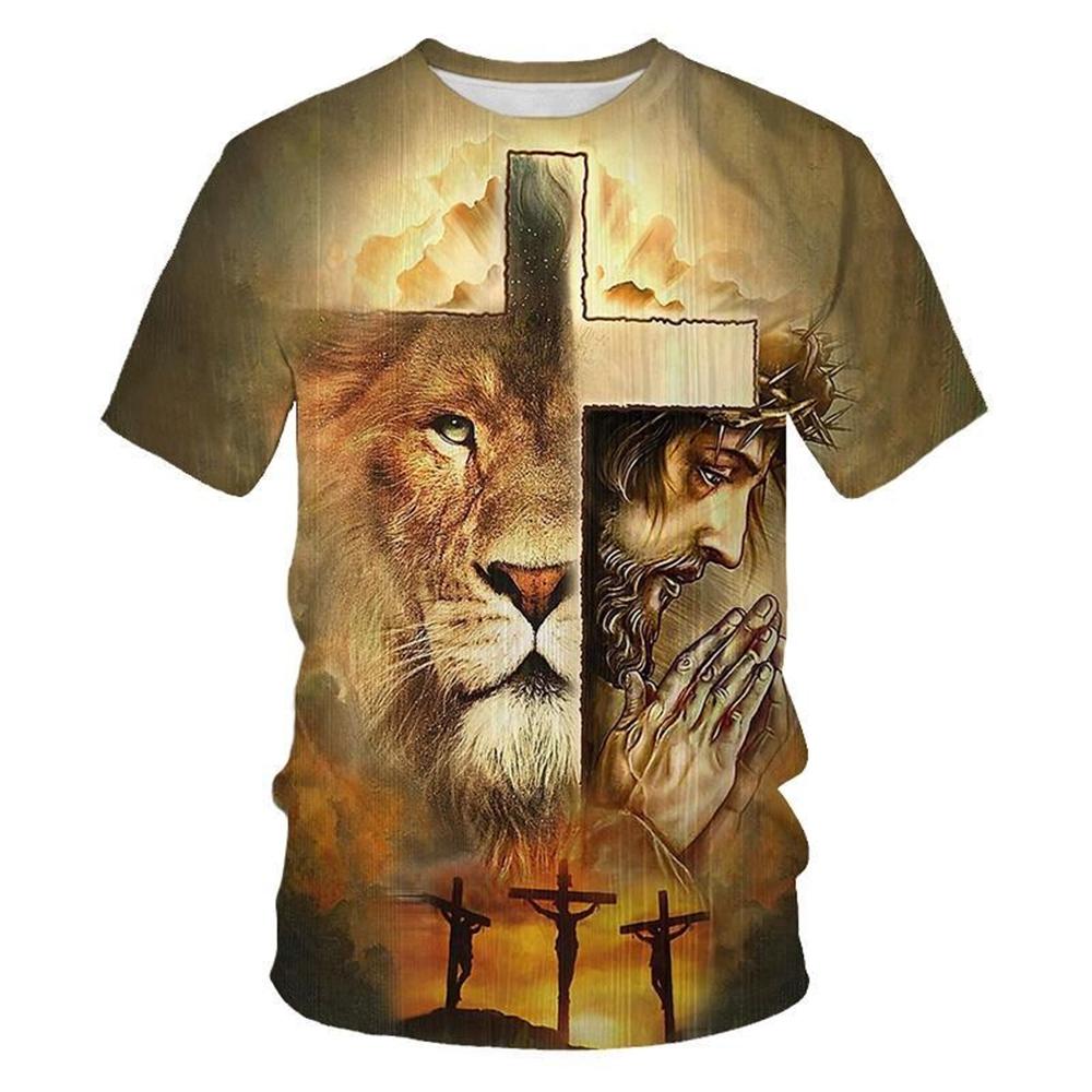 Cross Lion Pattern 3D Printed T-shirt Personalized Christian Art Round Neck Clothing Summer Fashion Creative Design Short Sleeved Tops