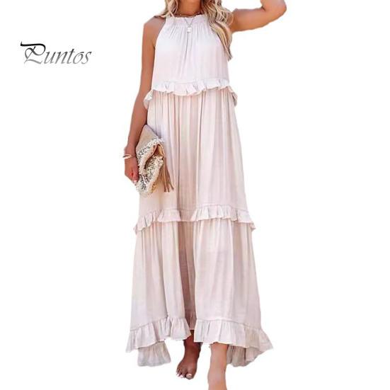 Dámské letní šaty s volánky, halterový výstřih, bez rukávů, volné, jednobarevné, plisované, s odhalenými rameny, patchworkové, dovolenkové, plážové, maxi šaty
