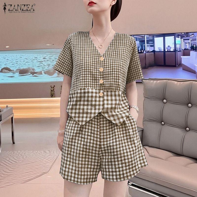 ZANZEA Damen Kurzarmbluse und Shorts Sommer Karomuster Zweiteilige Sets