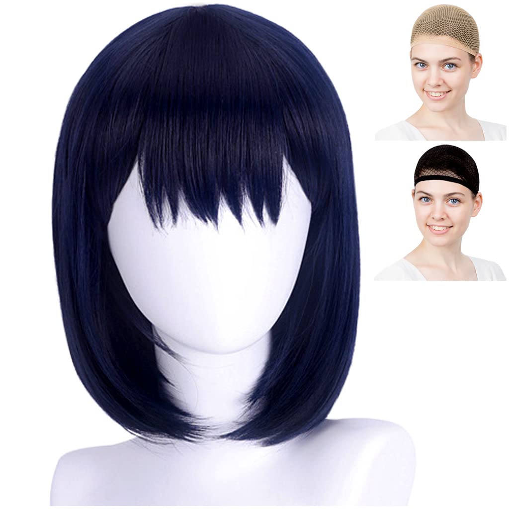 CaseEden Cosplay Wig, Short, 35cm, Heat-Resistant, Blue-Black, Dark Blue, Near Black, Includes 2 Wig Nets
