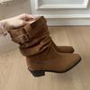 Belt Buckle Suede Thick Heel Short Boots Women's 2025 Autumn and Winter New Retro Square Head Pleated Pile Boots Western Cowboy Boots