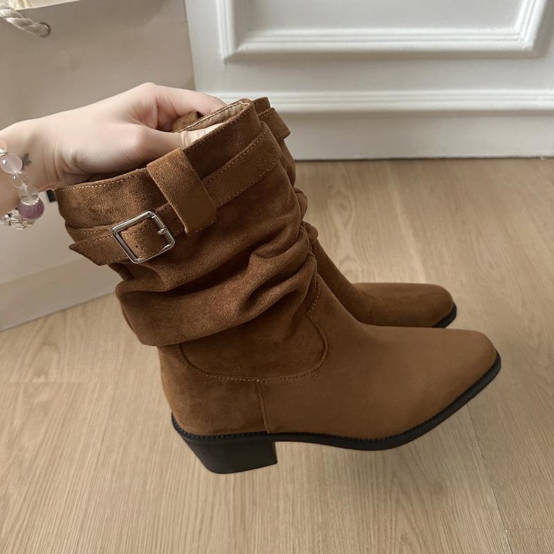 Belt Buckle Suede Thick Heel Short Boots Women's 2025 Autumn and Winter New Retro Square Head Pleated Pile Boots Western Cowboy Boots