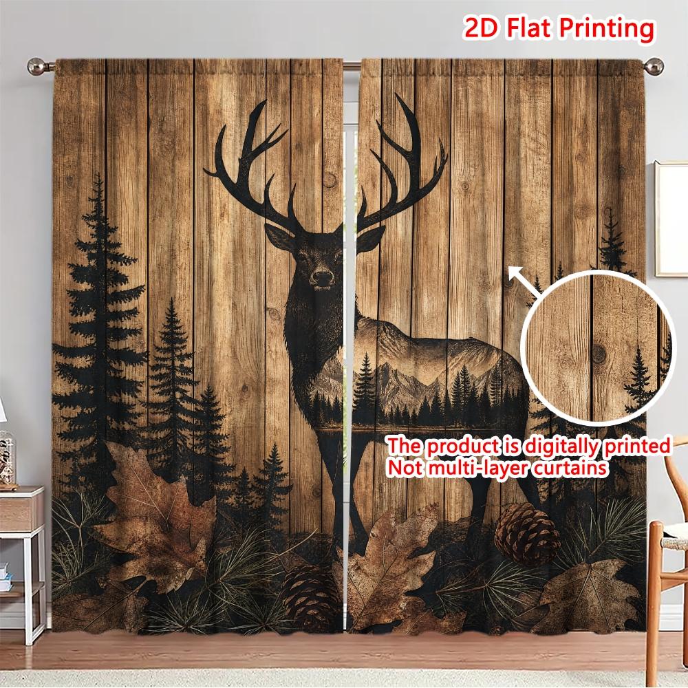 2Pcs Polyester Christmas Majestic Deer Printing Window Curtains Birthday Party Decoration Backdrop Drapes for Living Room