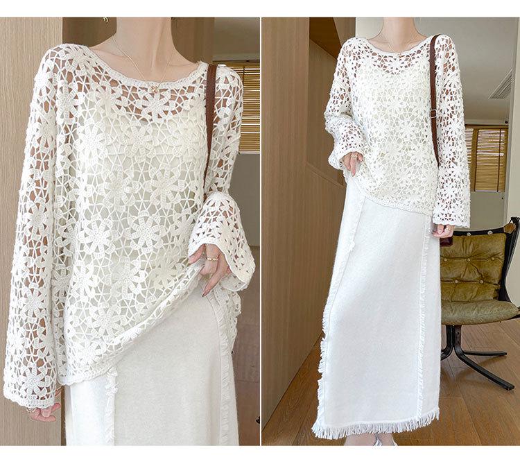 French Style Hollow Long Sleeve Cashmere Knit Sweater - Women's Autumn/Winter 2024 Collection Solid Color Top
