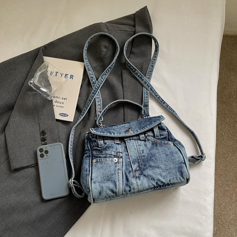 Stylish Denim Handbag Mini Backpack with Detachable Strap and Front Pockets for Casual Wear