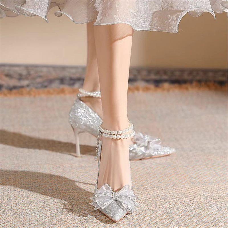 

High heels women s 2024 summer new pointed bow rhinestone high-end silver wedding shoes thin heel light mouth single shoes 34