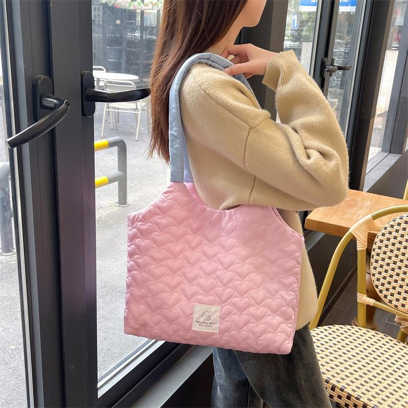 Simple Quilted Love Women's Shoulder Bag Sweet Casual Girls Book Tote Bags Solid Color Large Capacity Female Handbags Purse
