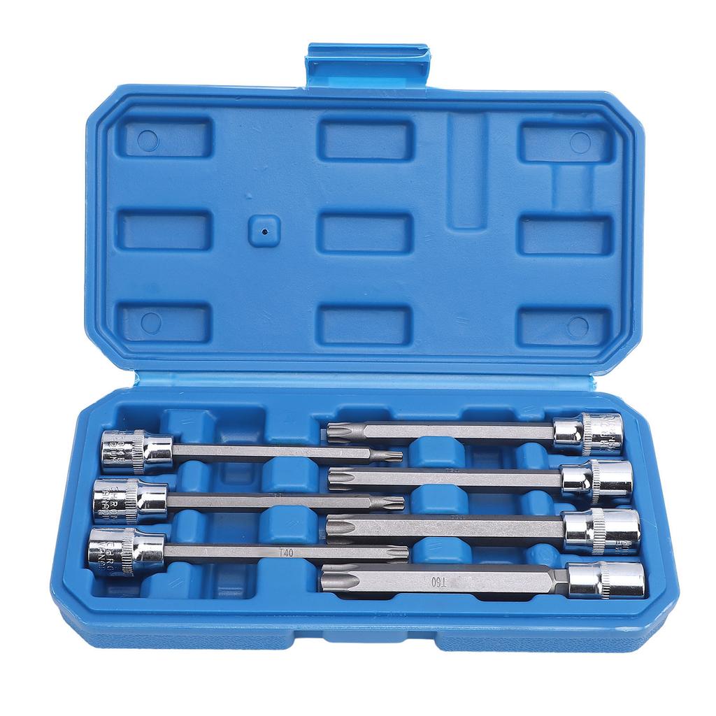 7 st 3/8 tums drivning extra lång stjärnbitshylssats T25 till T60 110 mm längd hög hårdhet för