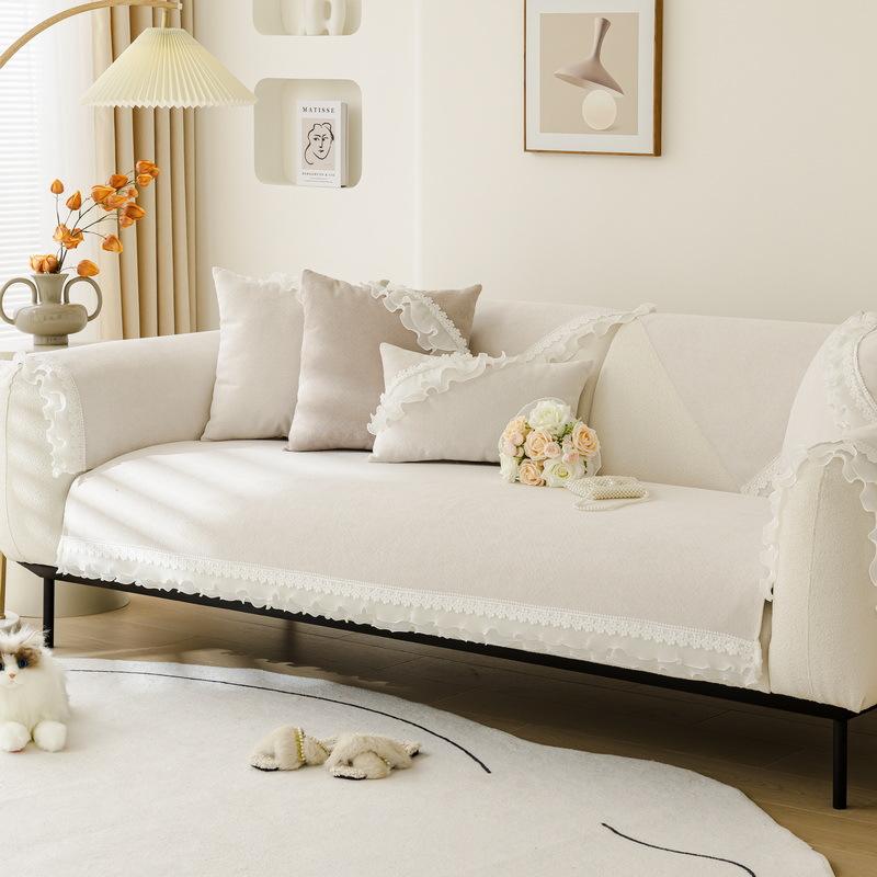 Nordic Solid Color Lace Skirt Sofa Cushion Four Seasons Universal Non-slip Leather Sofa Cover Chenille Back Cushion Cover Cloth