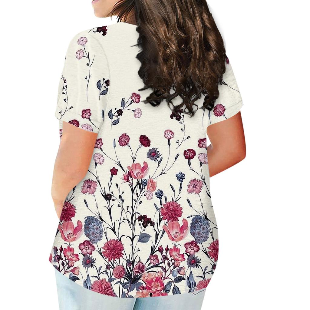 Damen-Kurzarmshirt, Rundhalsausschnitt, Übergröße, T-Shirt mit Blumenmuster, lässige Oberteile