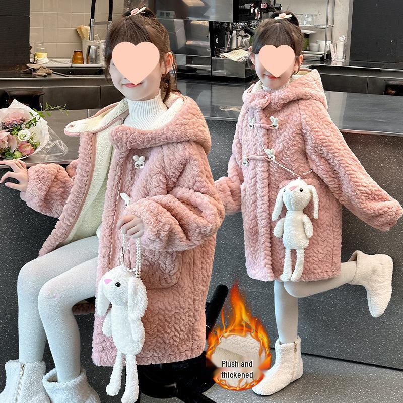 2025 Girls' Fleece-Lined Lamb's Wool Coat: Thick, Stylish Winter Wear for Children