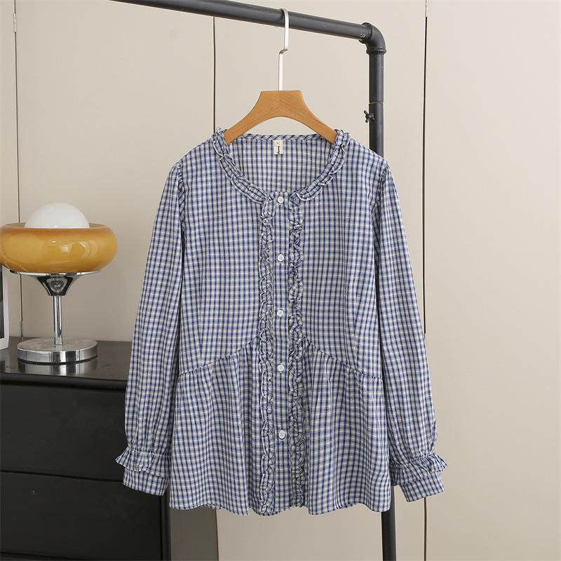 Plaid Plus Size Women s Long Sleeve Lace Round Neck Cardigan - Spring 2026 4XL синий