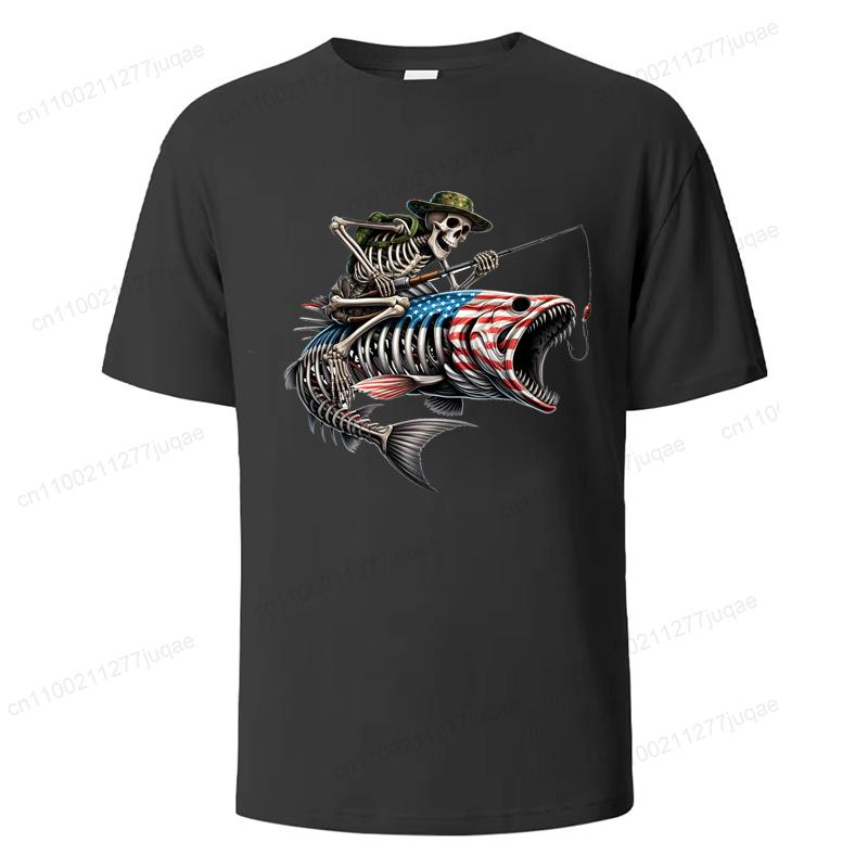 Herren Sommer T-Shirts Lockere Größe Angeln Jäger Print Lässig Bequem Rundhals Kurzarm T-Shirt Fischskelett Herren Top