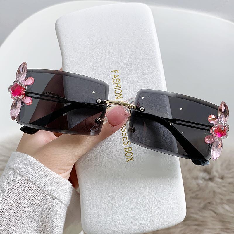 Rectangular Small Frame Diamond-inlaid Sunglasses Women's Small Face Round Face Sun Protection Sunglasses Trendy