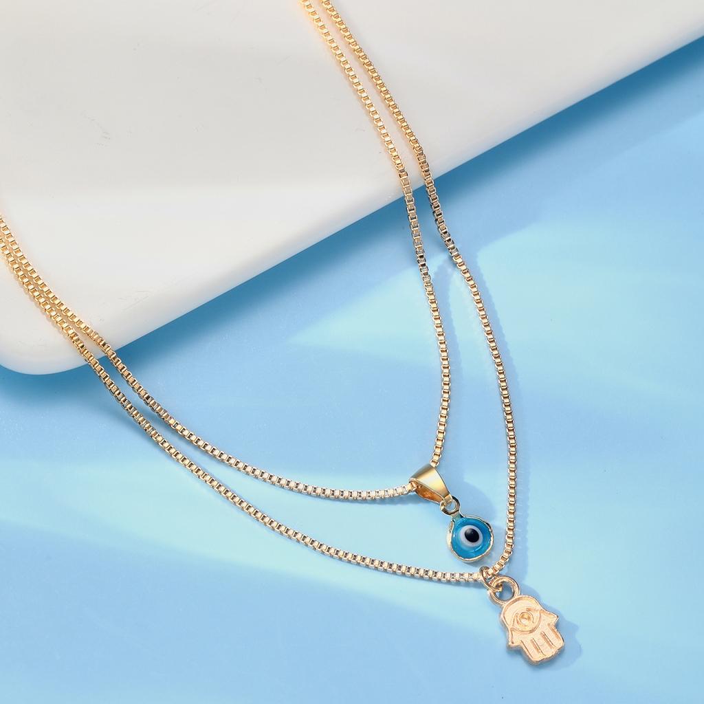Minimalist Double Layer Turkish Evil Blue Eyes Hand Pendant Necklaces Round Demon Eye Choker For Women Men Lucky Party Jewelry