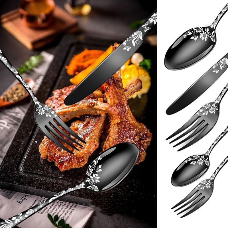 40Pcs Laser Christmas Pattern Flatware Set Stainless Steel Dinnerware Cutlery Set Black Knife Fork Kitchen Tableware Set New