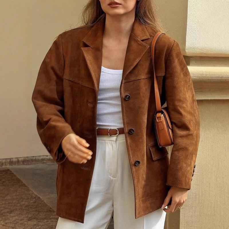 Women's Retro Brown Loose Pocket Long Sleeve Suit Jacket