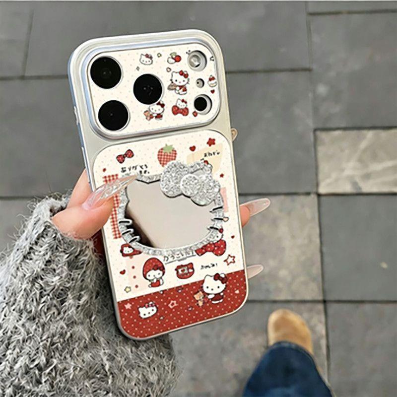 Red Strawberry Kt Cat Apple 17promax Mobile Phone Case iPhone16 All-inclusive 15pro Large Window Mirror Lanyard