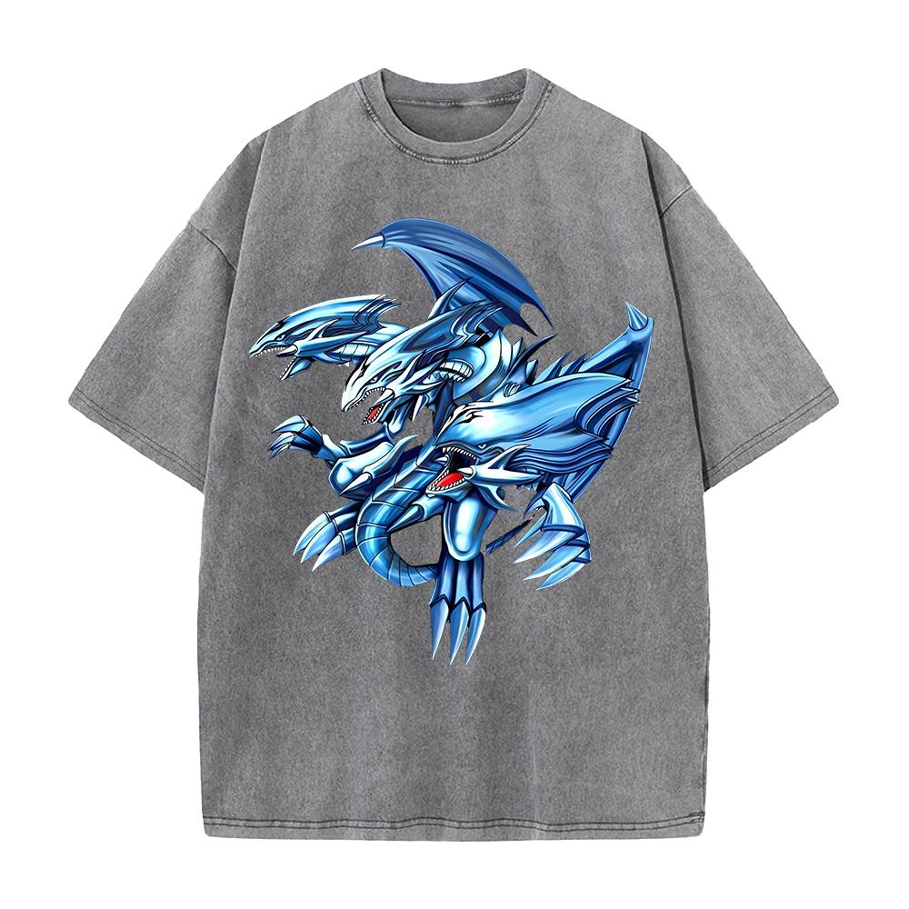 Tendance Anime Yu-Gi-Oh! T-shirt Dragon Blanc aux Yeux Bleus Été Manches Courtes T-shirt Vintage Lavé Coton Hauts Vêtements Homme