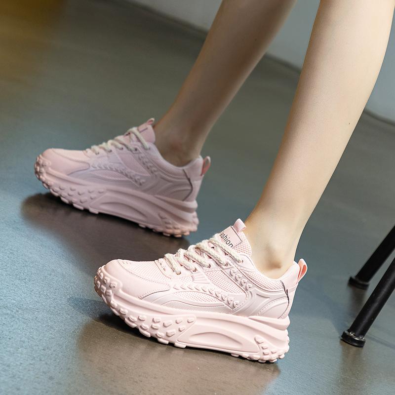 Sommar Andningsbara Nätskor Dam Läder Inre Höjdökning Pappa Skor Tjocka Sulan Mångsidiga Vardagliga Små Vita Skor