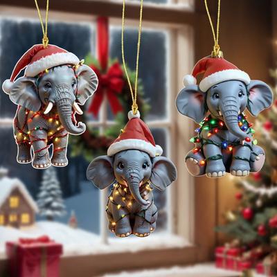 Elefant Weihnachtsanhänger 2D Flacher Acryl Elefant Weihnachtsbaumschmuck Geschenke für Tierliebhaber Frauen Mädchen