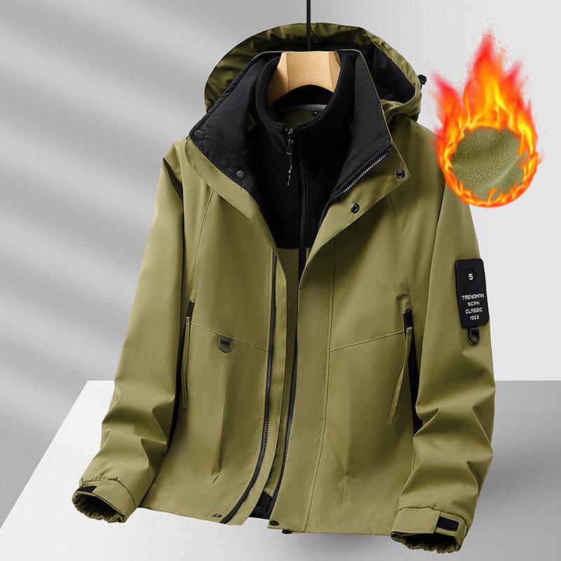 Men's Waterproof Hooded Windbreaker with Fleece Inner Layer - Plus Size, Softshell Jacket for Spring, Autumn, and Winter.