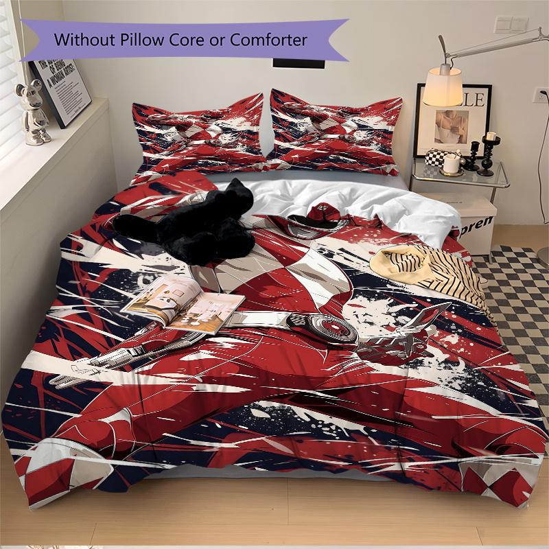 3pcs Red Ranger in Action Printed Quilt Set - Includes 1 Quilt Cover and 2 Pillowcases, Machine Washable - Suitable for All Seasons.W071