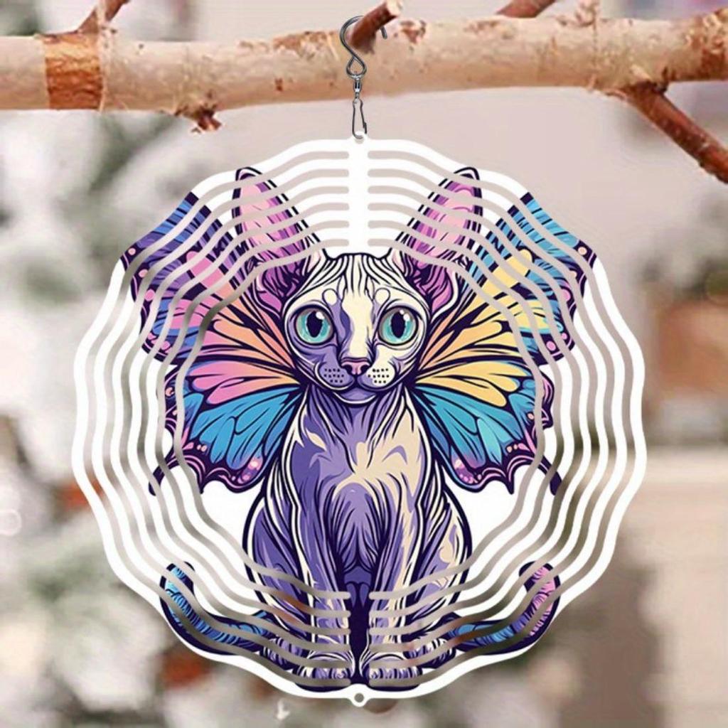 1pc Mandala Style 2D Rotating Wind Chime with Unique Butterfly Wing Kitten Design - Vibrant Metal Art Decor, No Power Needed