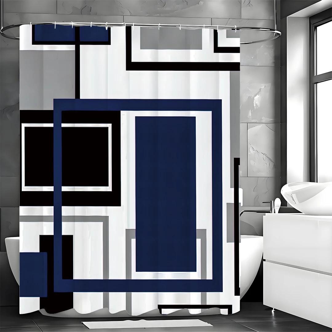 

Blue Geometric Shower Curtain – Navy, Black & Gray Modern Design, Waterproof Bathroom Decor W60H190(CM)-1 Pcs