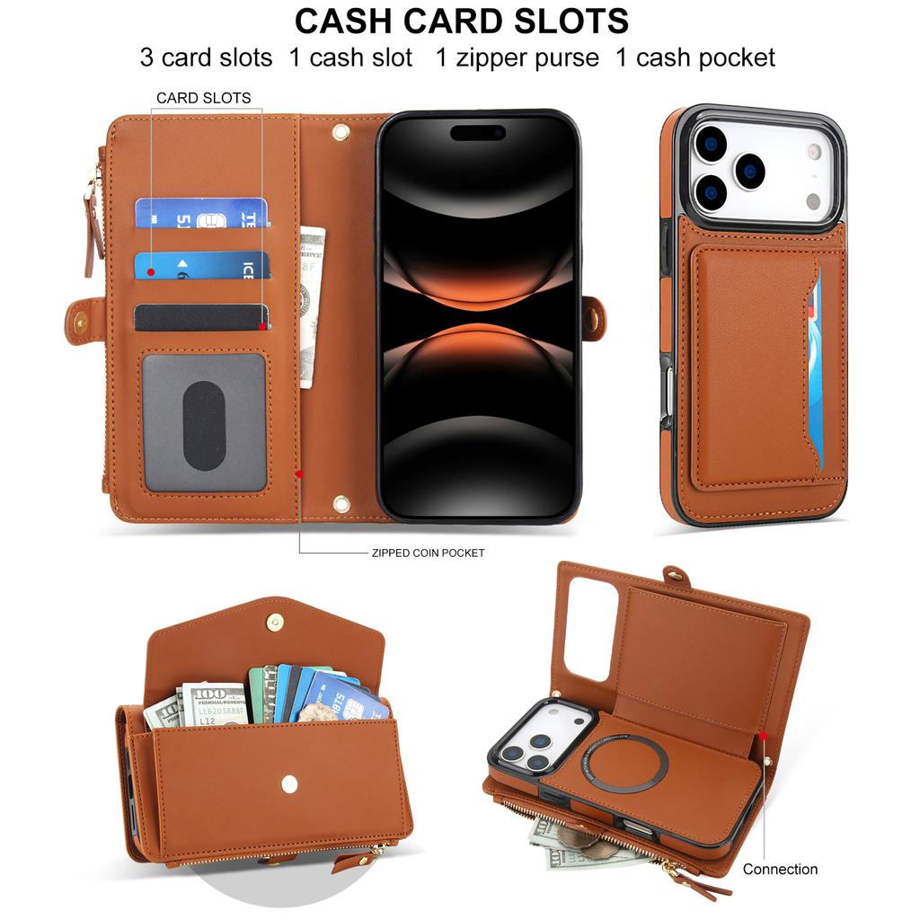 Crossbody Zipper Flip Multi Functional Detachable Wallet Leather Case For iPhone 17 Pro Max 16 Plus 15 14 13 12 11 Strap Cover