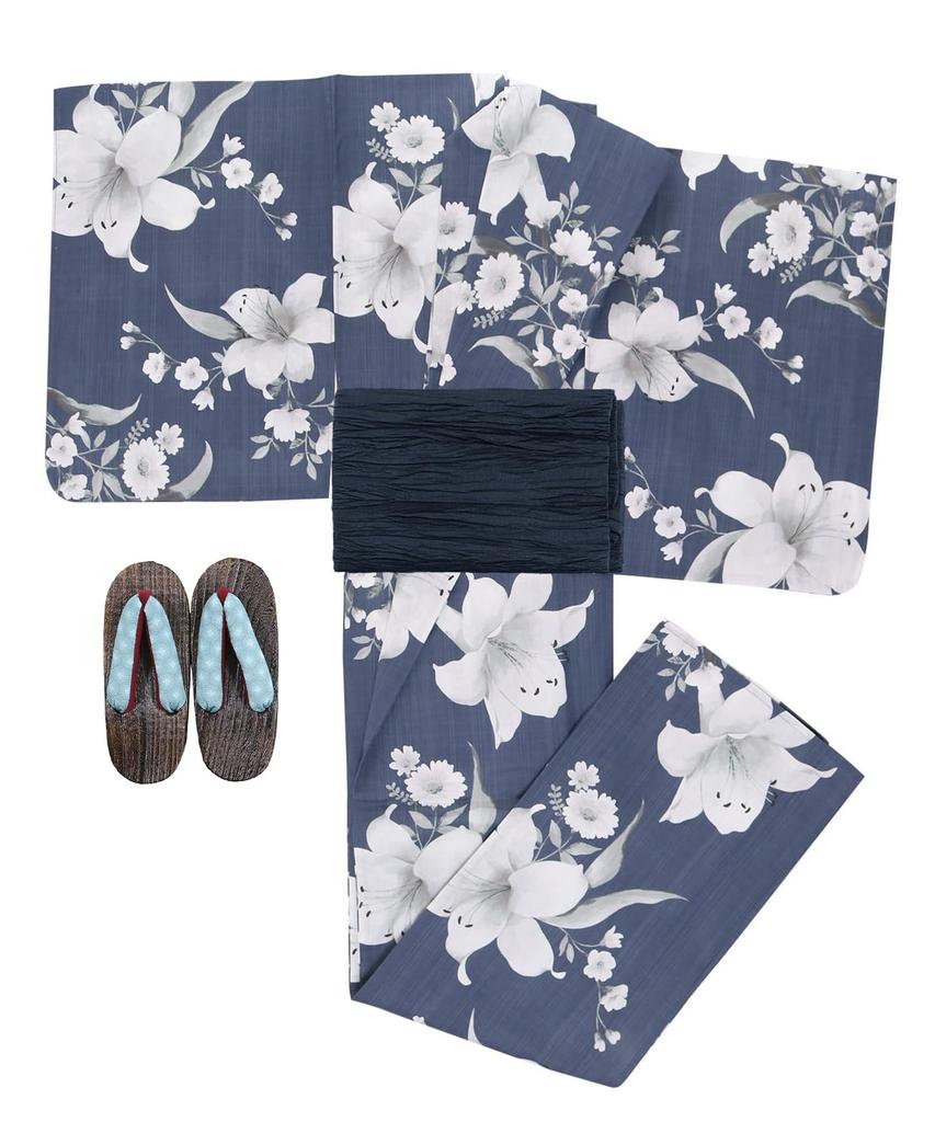 Yukata Set Junior Retro Change Weave 3 Piece Set Heiko C Girls Lily Floret Evening [KYOETSU] (Yukata, Obi, Geta) (130cm, 11. Wear)