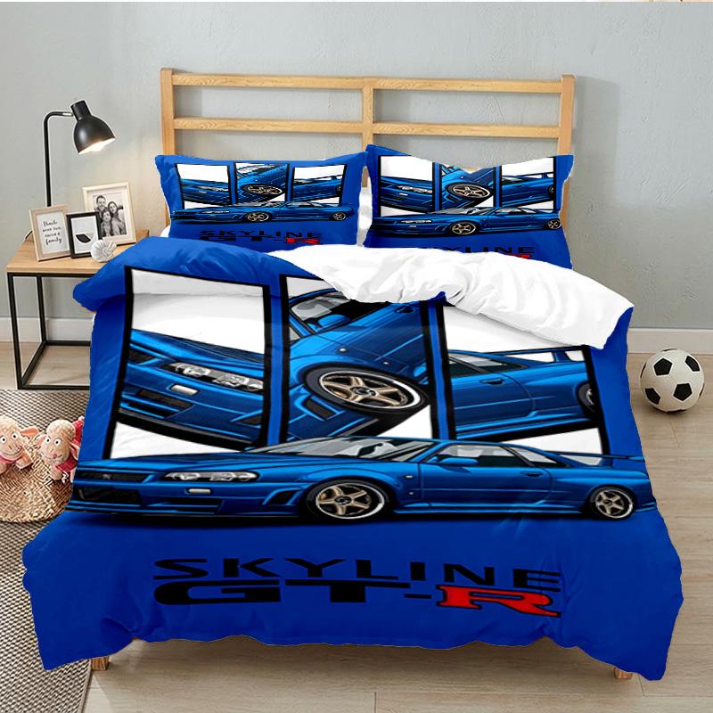 Set Biancheria da Letto 3 Pezzi Skyline Blue Racing Spirit Speed Style, per 1 Copripiumino e 2 Federe Perfetto come Regalo per Fan, Ideale per Camera da Letto, Dormitorio
