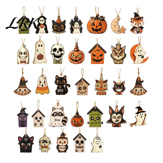 Vintage Cartoon Ghost Pumpkin Tags Halloween Wooden Ornaments, Rustic Spooky Owl Skull Decorative for Fall Festivals Hanging Decoration Fireplace Tree