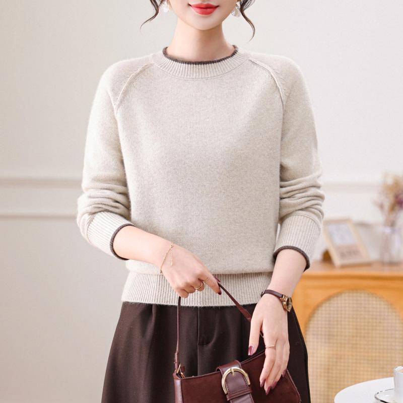 Women's Cashmere Wool Round Neck Long Sleeve Sweater - Loose, Versatile Knit Pullover for Autumn and Winter
