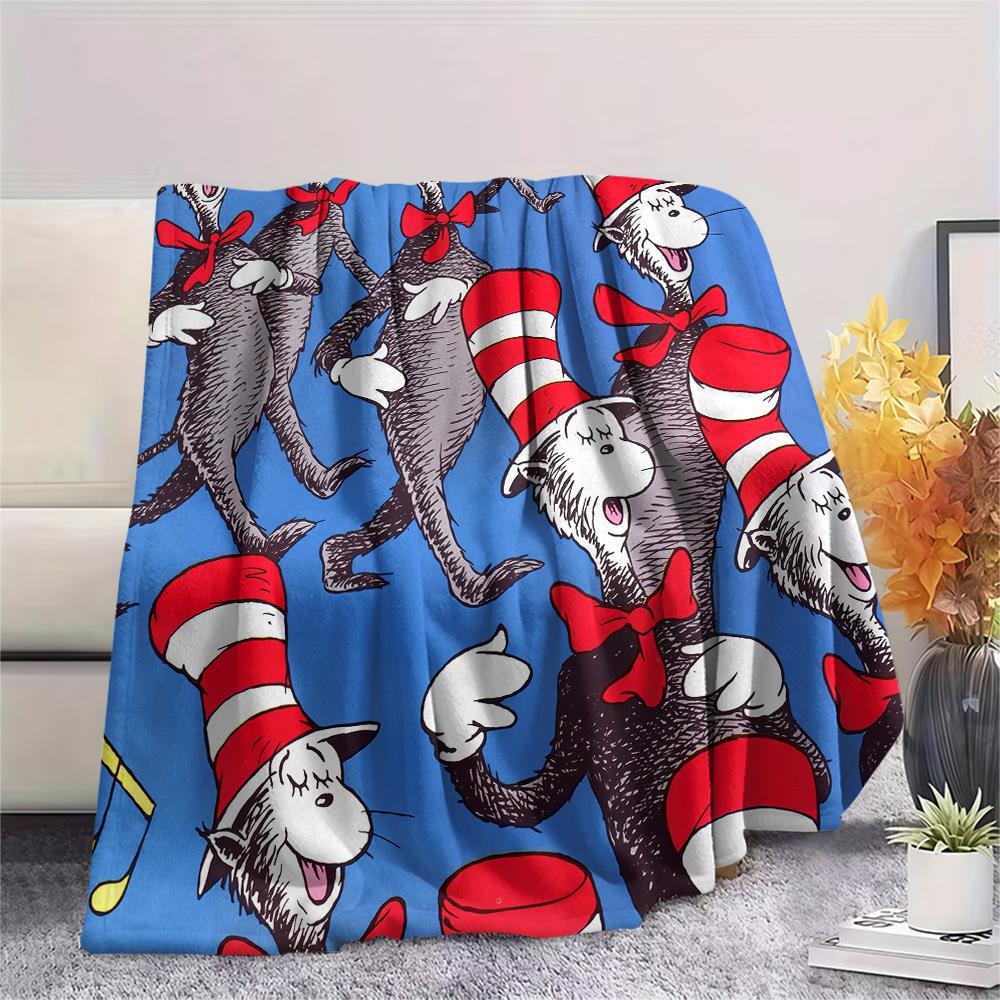 The Cat in the Hat Print Flannel Blanket, High quality Comfortable for All Seasons, Home Decor, Warmth and Comfort