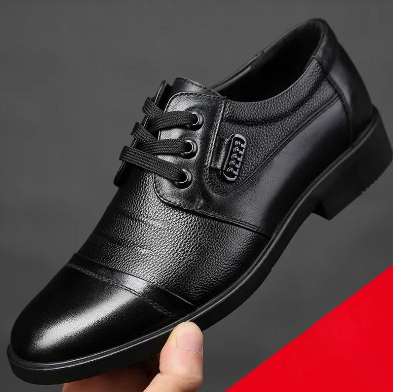 Men's Genuine Cow Leather Shoes Business Casual Shoes with Triple-Stitched Soles for Middle-Aged and Elderly Men