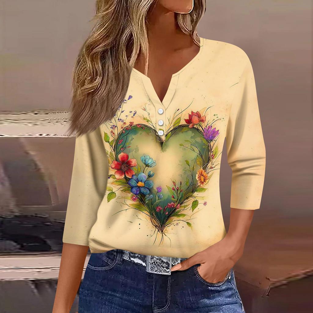 Lässiges Damen-Oberteil mit Dreiviertelärmeln und V-Ausschnitt und Blumendruck