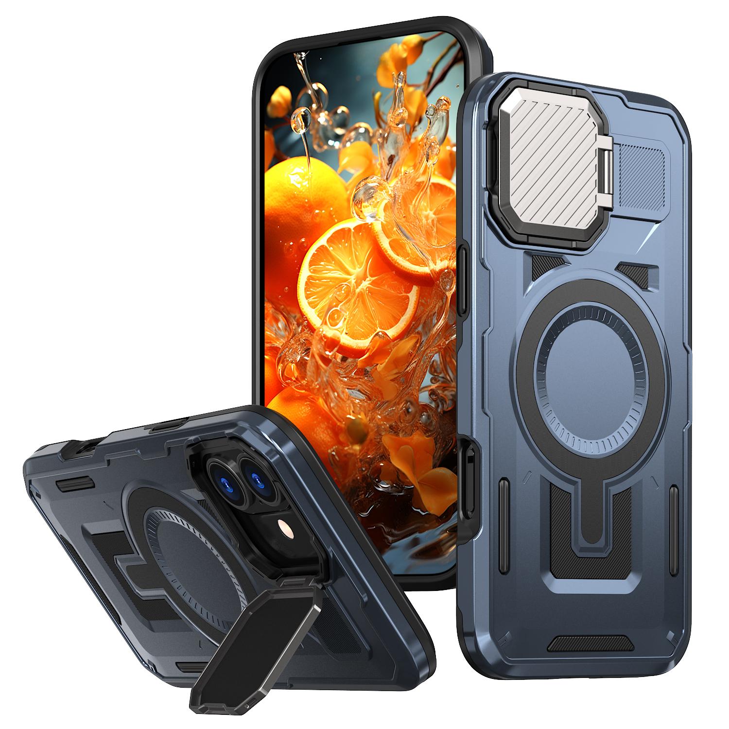 

For iPhone 16 Case Compatible with MagSafe Lens Lid Kickstand PC+TPU Back Cover Blue