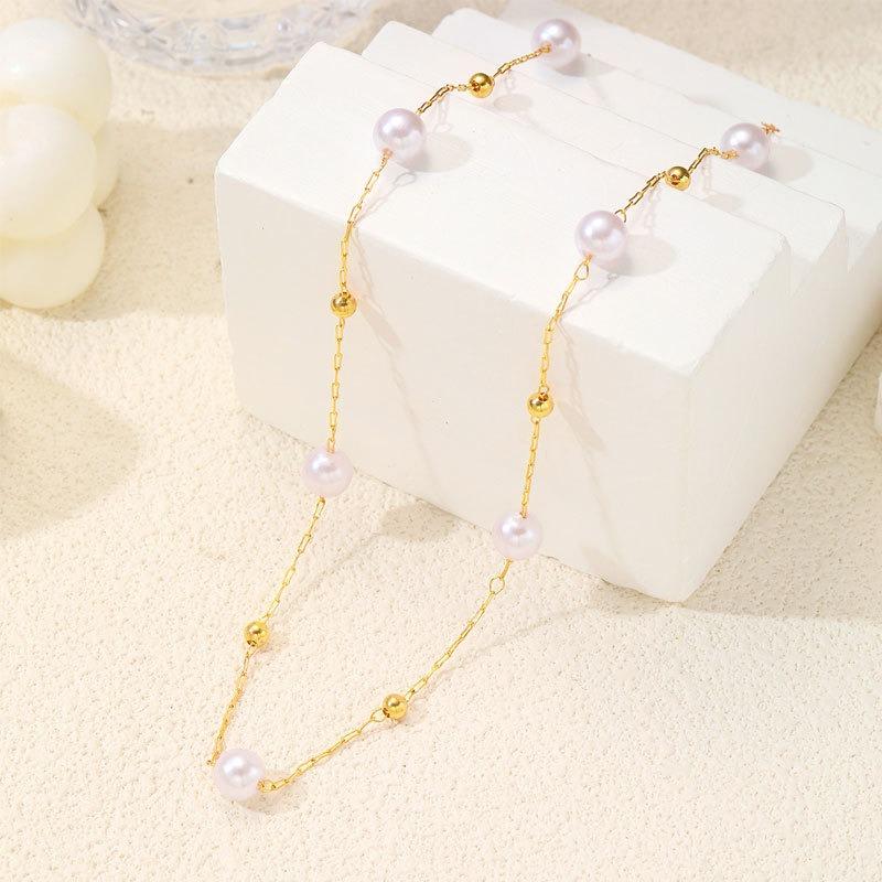 Imitation Pearl Necklace for Women Simple Fashionable Light Luxury and Cold Style Metal Ball Clavicle Chain Jewelry