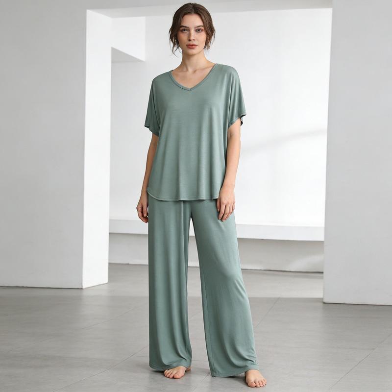 Summer Modal Homewear 2 Piece V-Neck Short Sleeve Tshirt and Wide Leg Pant Ankle Length Loose Sleepwear Set Comfort Pajama Sets
