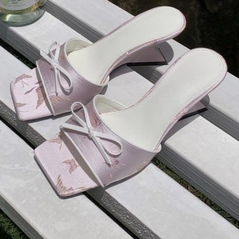 High Heels Slippers Summer New Square Head Open Toe Printed Butterfly Knot Anti-slip Wear-resistant High Heels