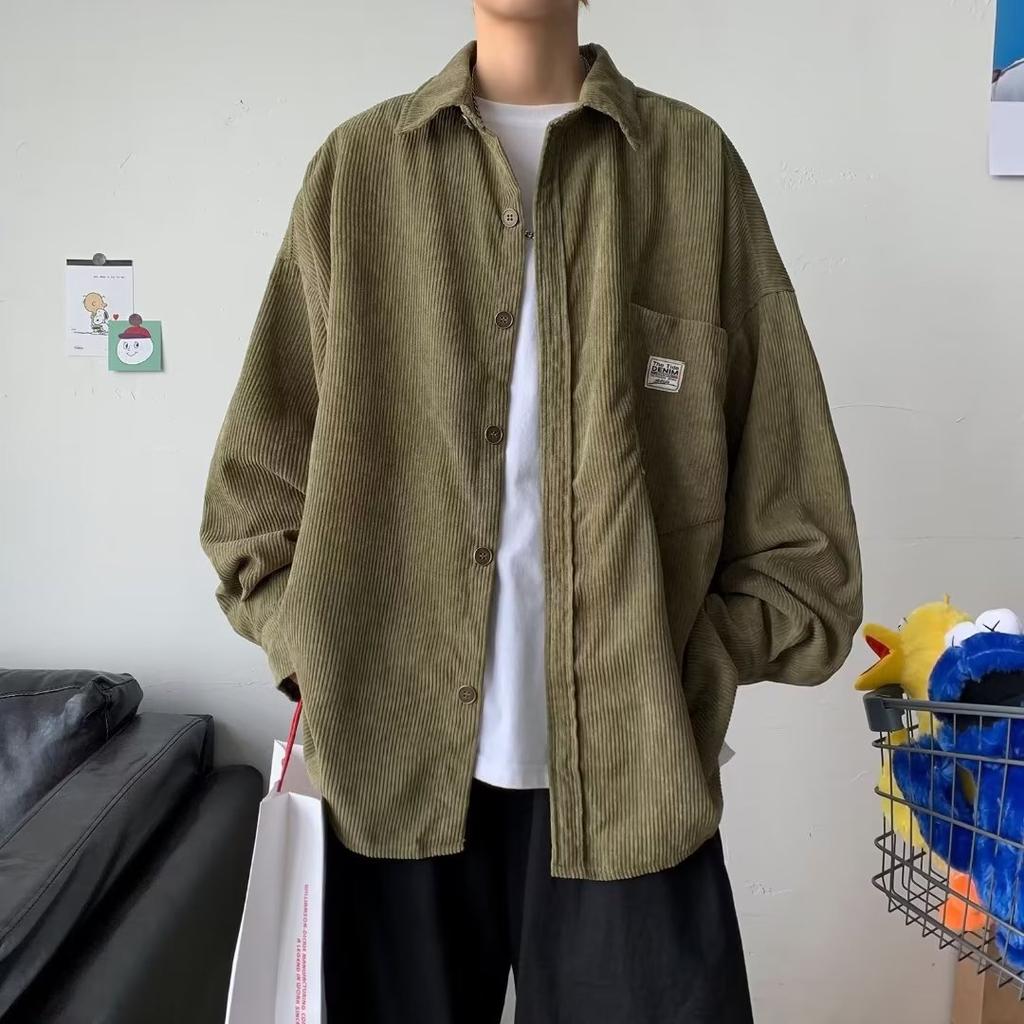Men's Spring and Autumn Thin Section of Simple Loose Lapel Men's Buttons Paragraph Casual Long-sleeved Corduroy Shirt Jacket