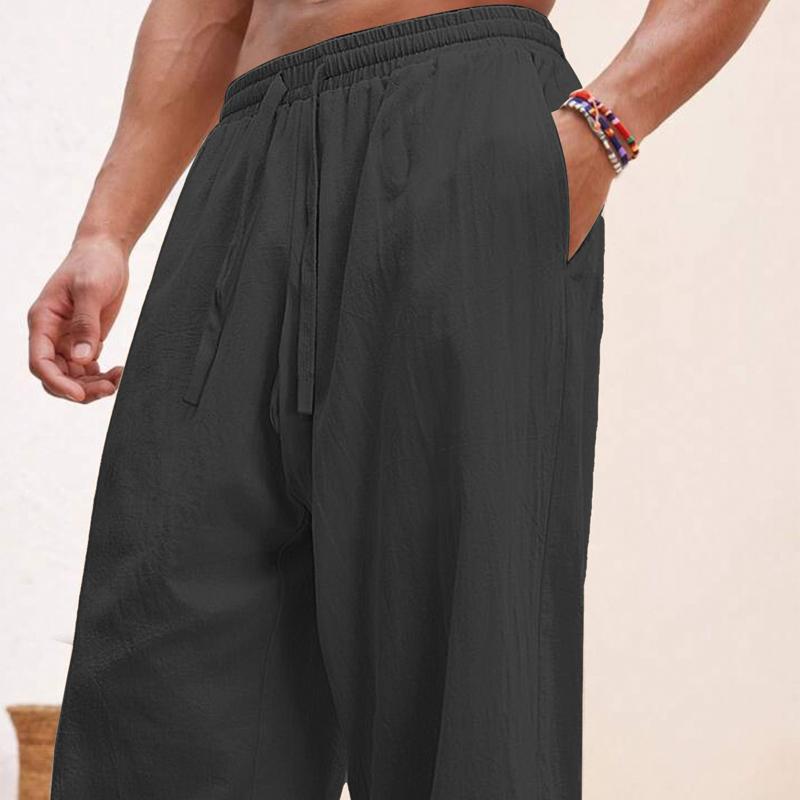 Spring Summer Mens Linen Pants Casual Thin Solid Color Trousers Men Elastic Waist Drawstring Breathable Holiday Beach Wear