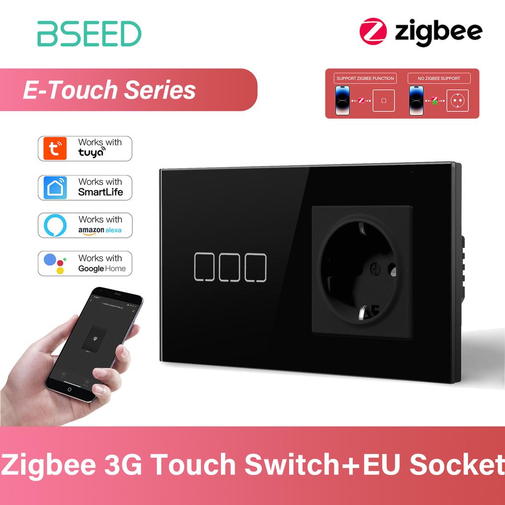 BSEED 1/2/3/4-fach Zigbee Touch-Schalter Glas mit EU-Steckdosen Intelligenter Wandlichtschalter Touchscreen Hintergrundbeleuchtung E-Serie