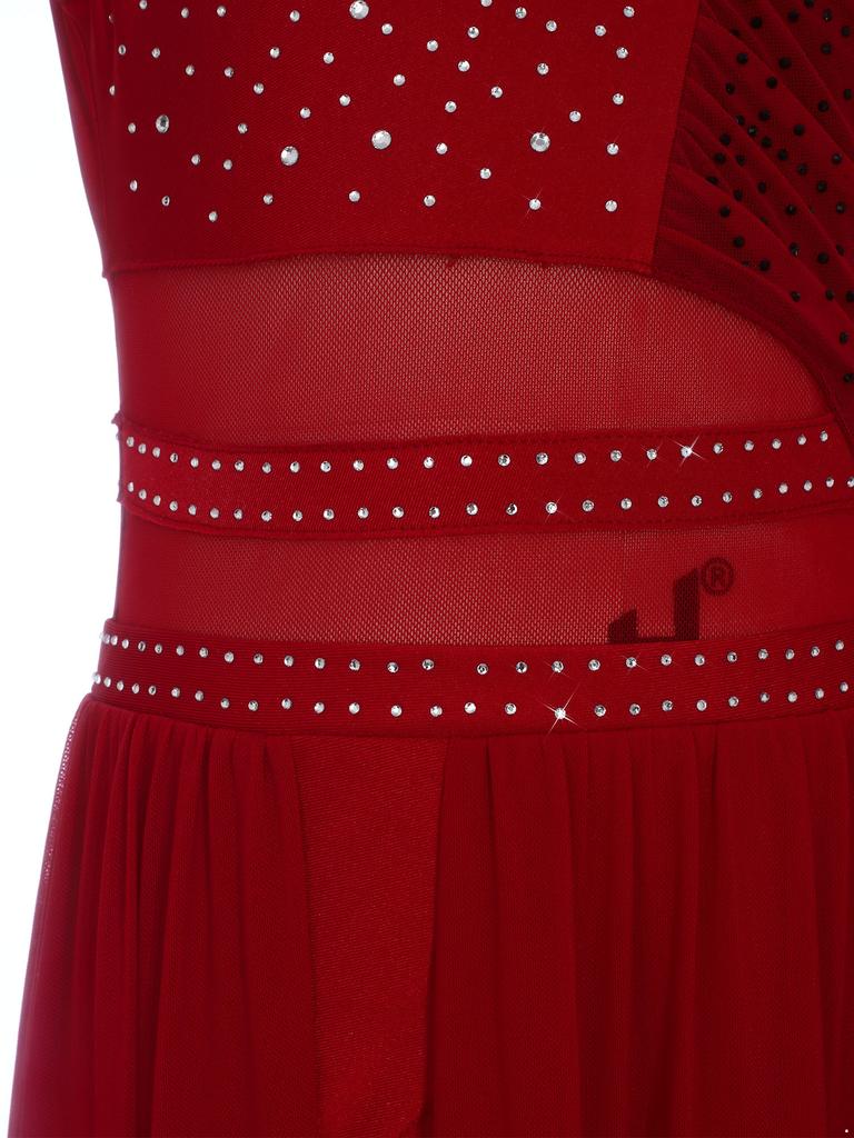 Kids Girls Stage Performance Dress: Back Invisible Zipper Color Block Mesh Patchwork Side Split with Shiny Rhinestones for Lyrical Dance